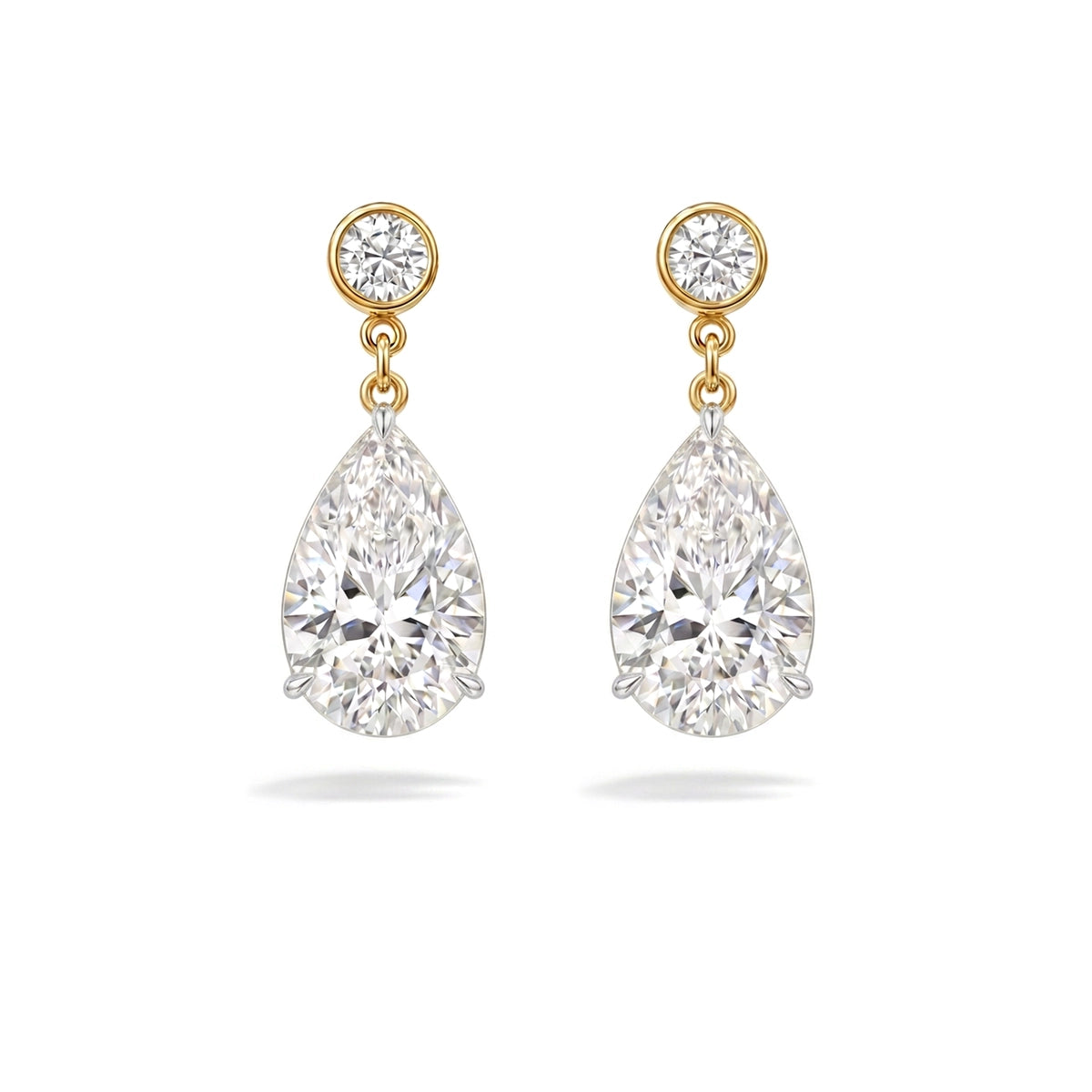 Pear Drop Dangle Earrings, Bezel Top — pear and round lab grown diamond earrings by Vimora Diamonds