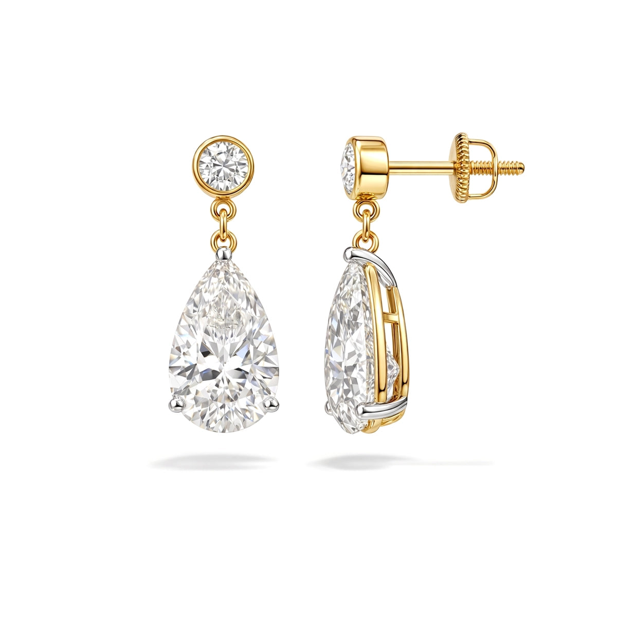 Pear Drop Dangle Earrings, Bezel Top — pear and round lab grown diamond earrings in 9K, 14K or 18K gold