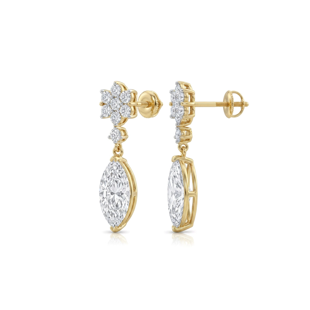 Floral Cluster Marquise Drop Earrings in IGI certified lab grown diamond and BIS hallmarked gold