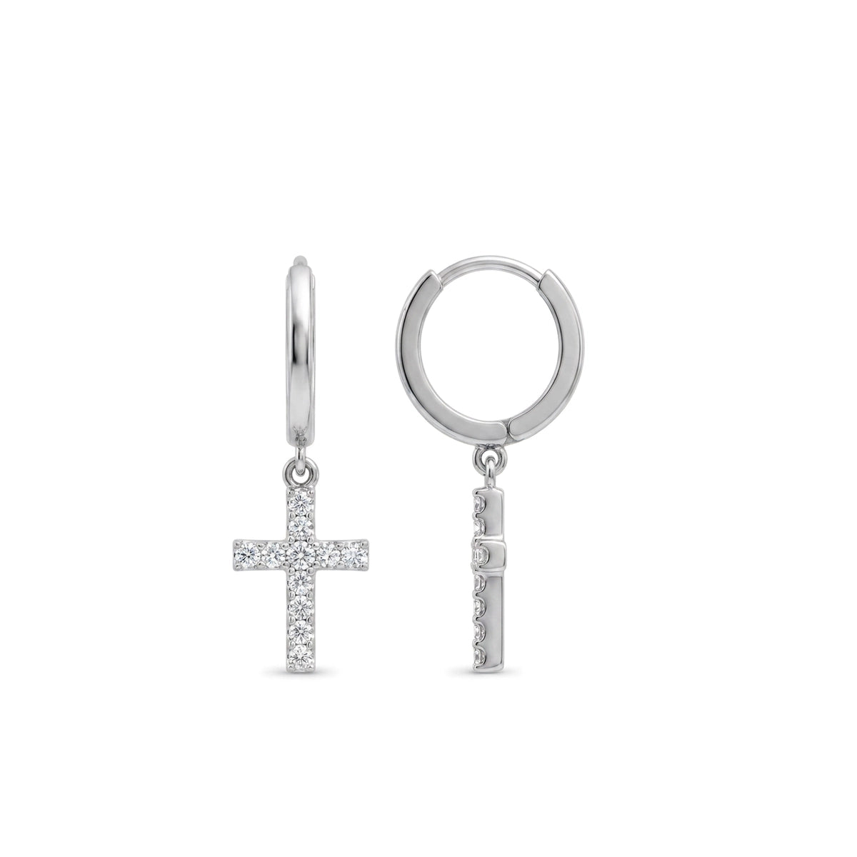 Pave Cross Drop Huggie Earrings — round lab grown diamond earrings in solid hallmarked gold