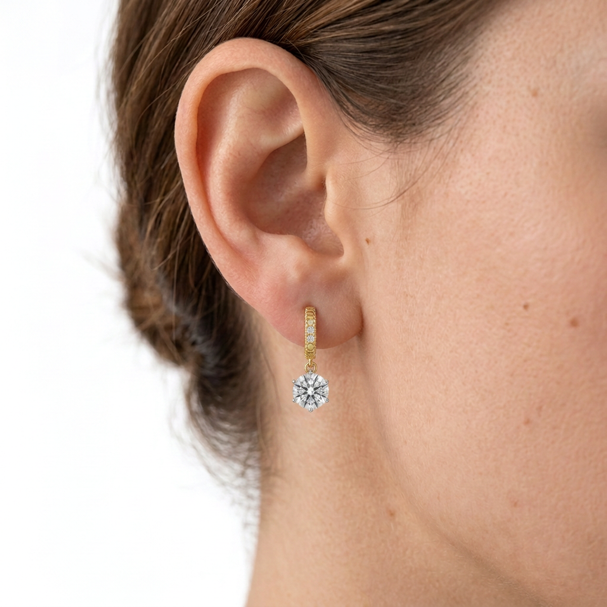 Round Diamond Drop Huggie Earrings — round lab grown diamond earrings in solid hallmarked gold