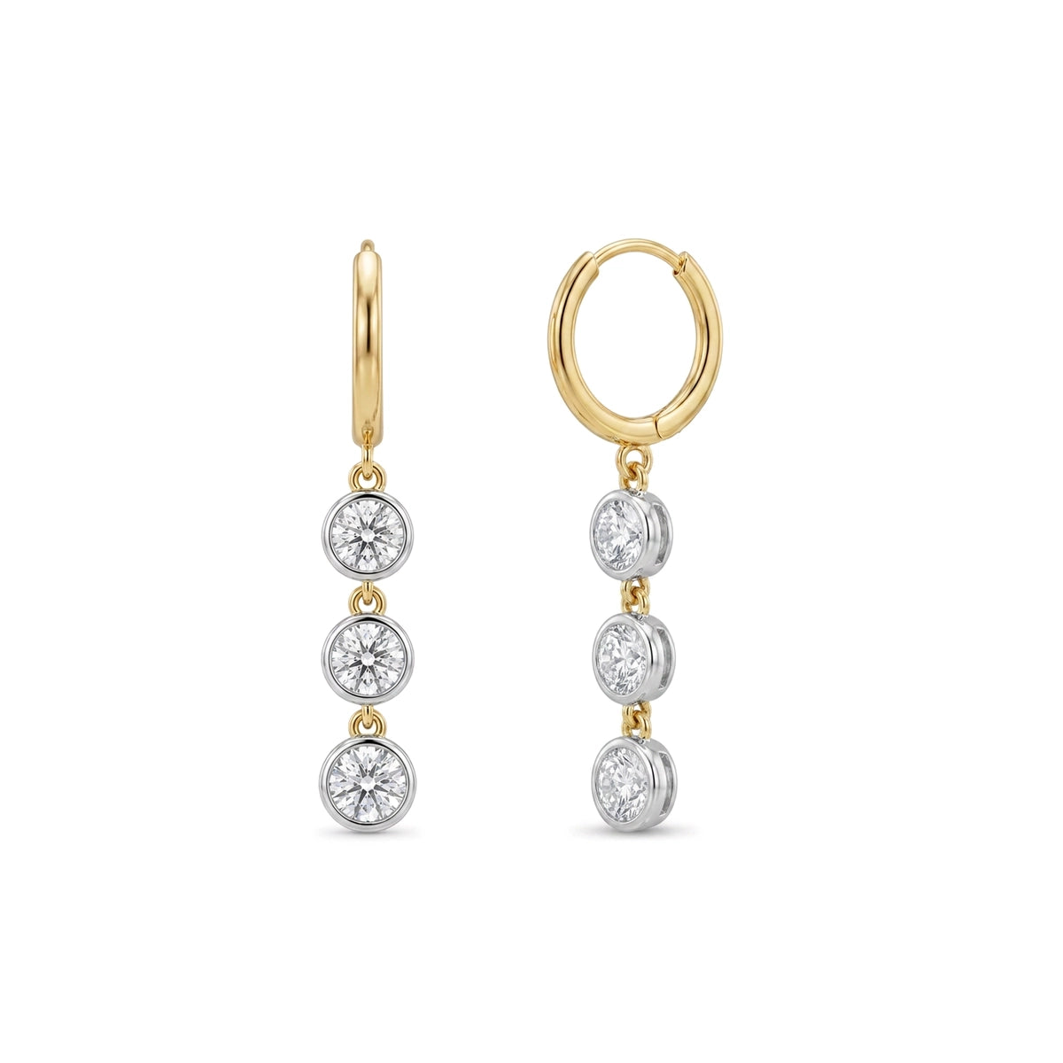 Triple Bezel Drop Hoop Earrings — round lab grown diamond earrings in 9K, 14K or 18K gold