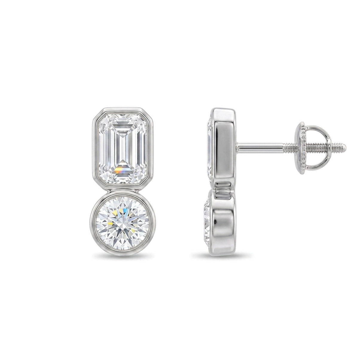 Emerald & Round Diamond Stacked Stud Earrings — emerald and round lab grown diamond earrings in solid hallmarked gold