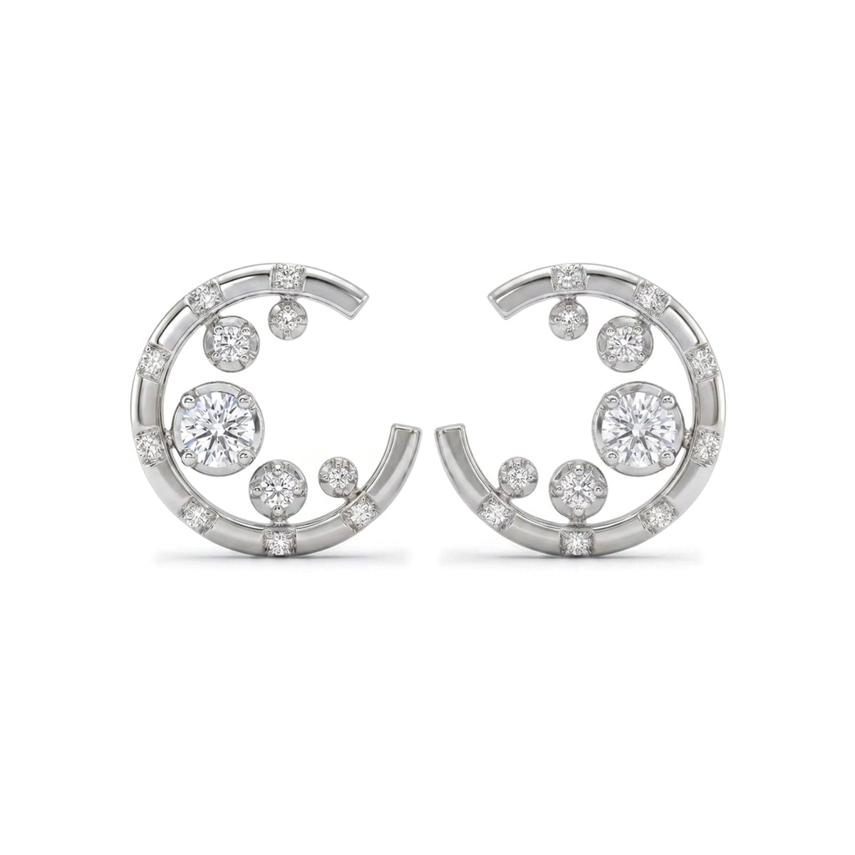 Scattered Diamond Open C-Hoop Stud Earrings — round lab grown diamond earrings in solid hallmarked gold