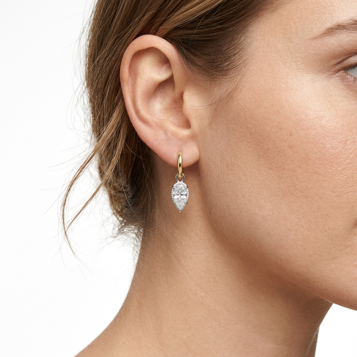 Pear Halo Hoop Drop Earrings — lab grown diamond earrings handcrafted by Vimora Diamonds