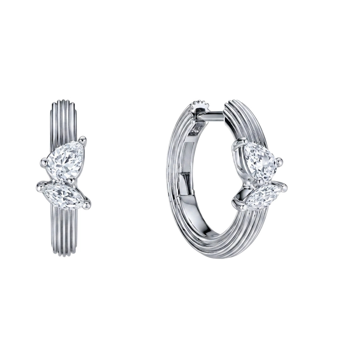 Fluted Pear & Marquise Huggie Hoop Earrings — marquise and pear lab grown diamond earrings in solid hallmarked gold