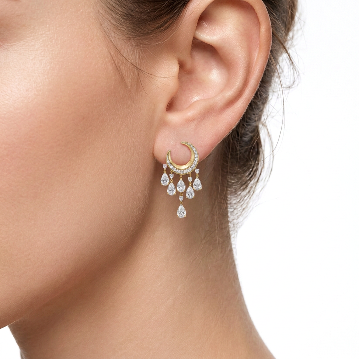 Crescent Pavé Chandelier Earrings — pear and round lab grown diamond earrings in solid hallmarked gold