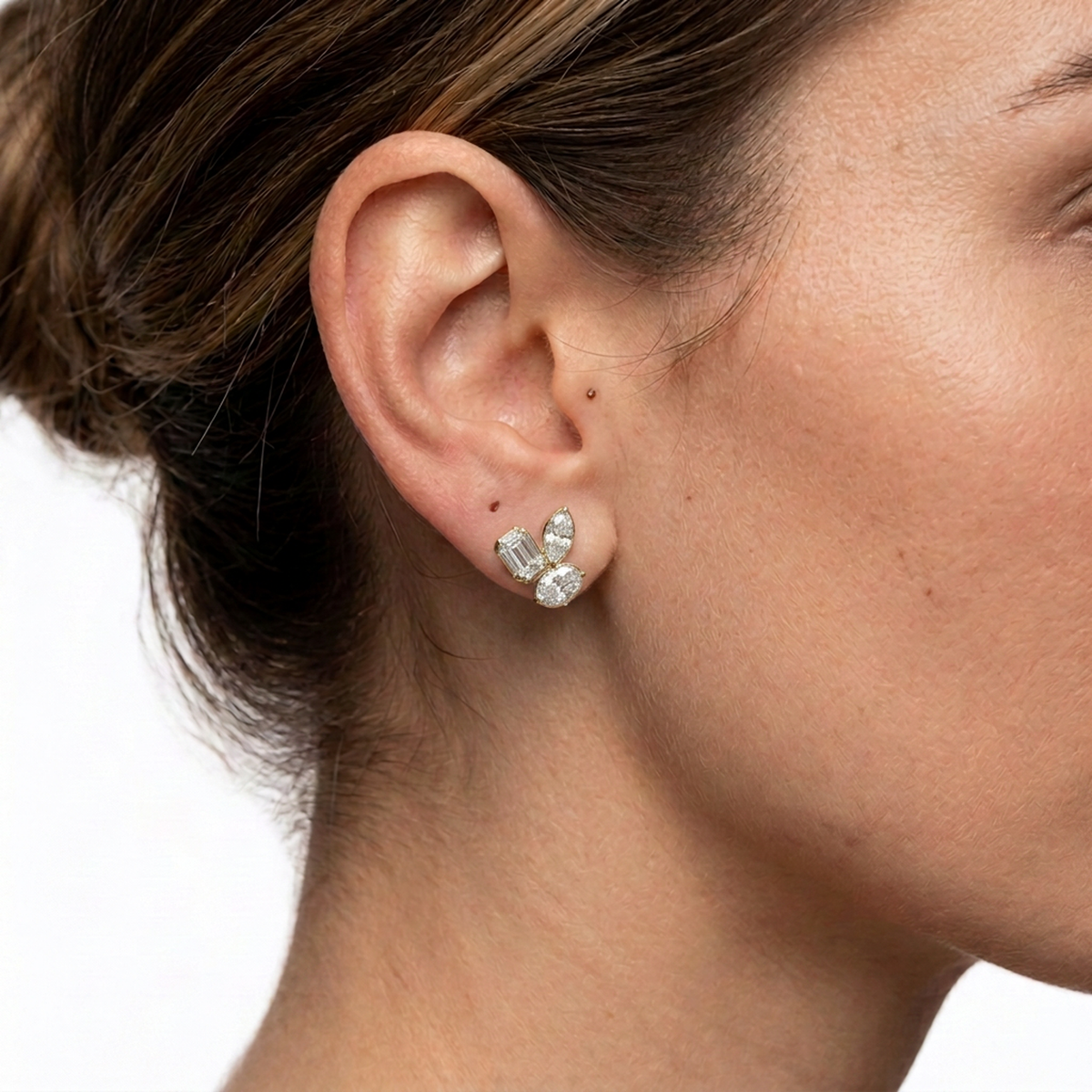 Emerald, Marquise & Oval Bezel Cluster Stud Earrings — lab grown diamond earrings in solid hallmarked gold
