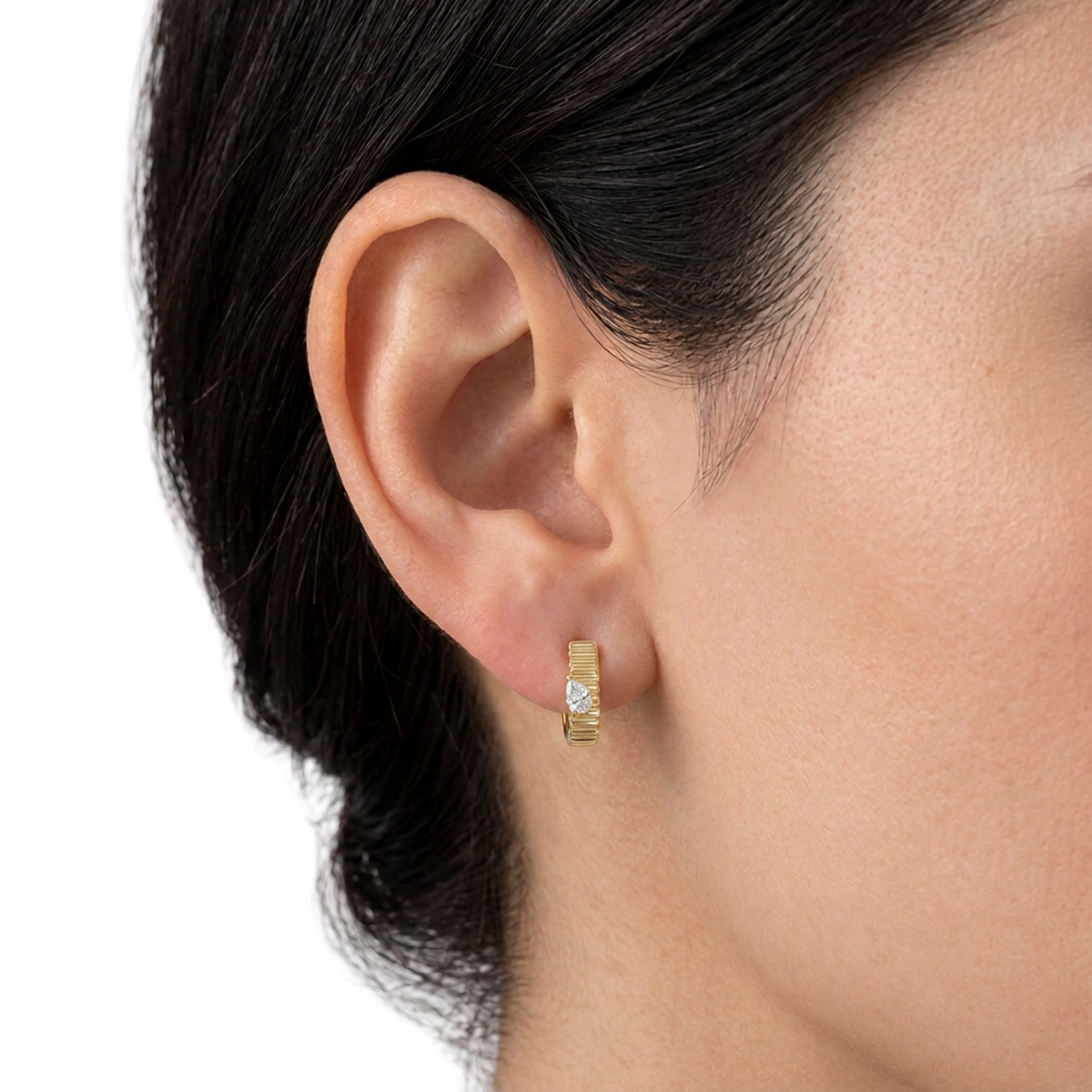 Fluted Pear Huggie Hoop Earrings — pear lab grown diamond earrings in solid hallmarked gold