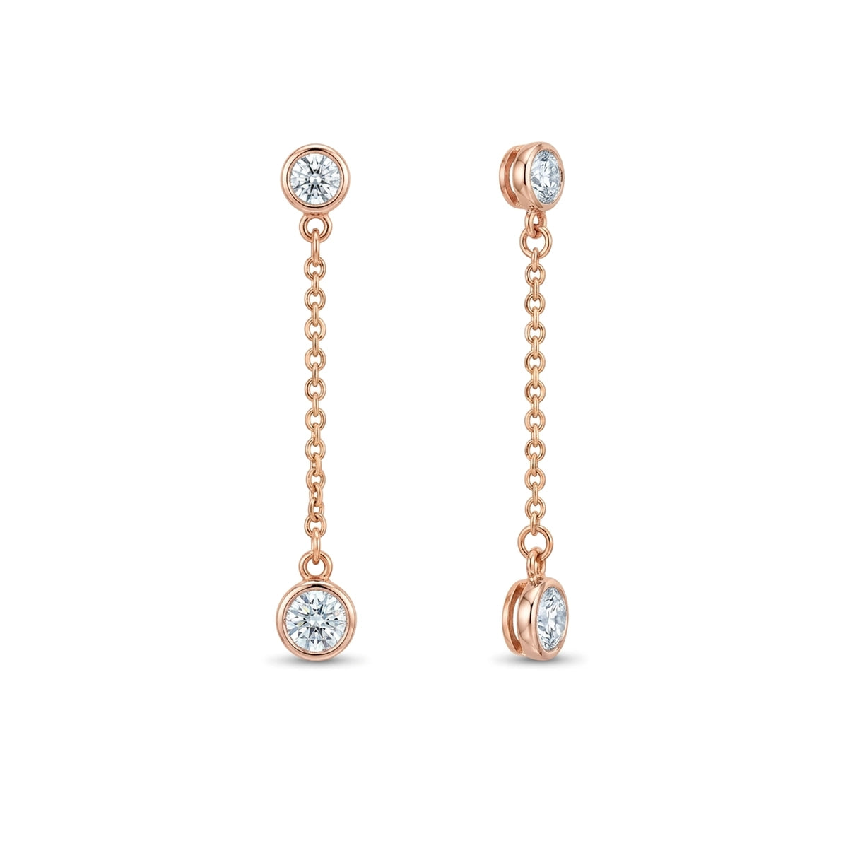 Bezel Round Diamond Chain Drop Earrings — round lab grown diamond earrings in solid hallmarked gold
