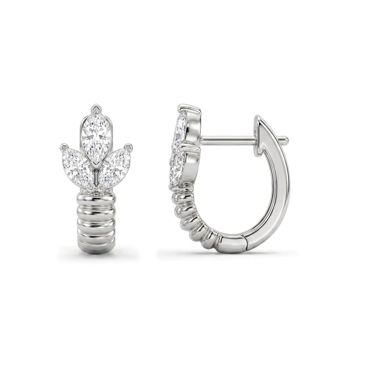 Marquise Diamond Leaf Cluster Ribbed Hoop Earrings — marquise lab grown diamond earrings in solid hallmarked gold