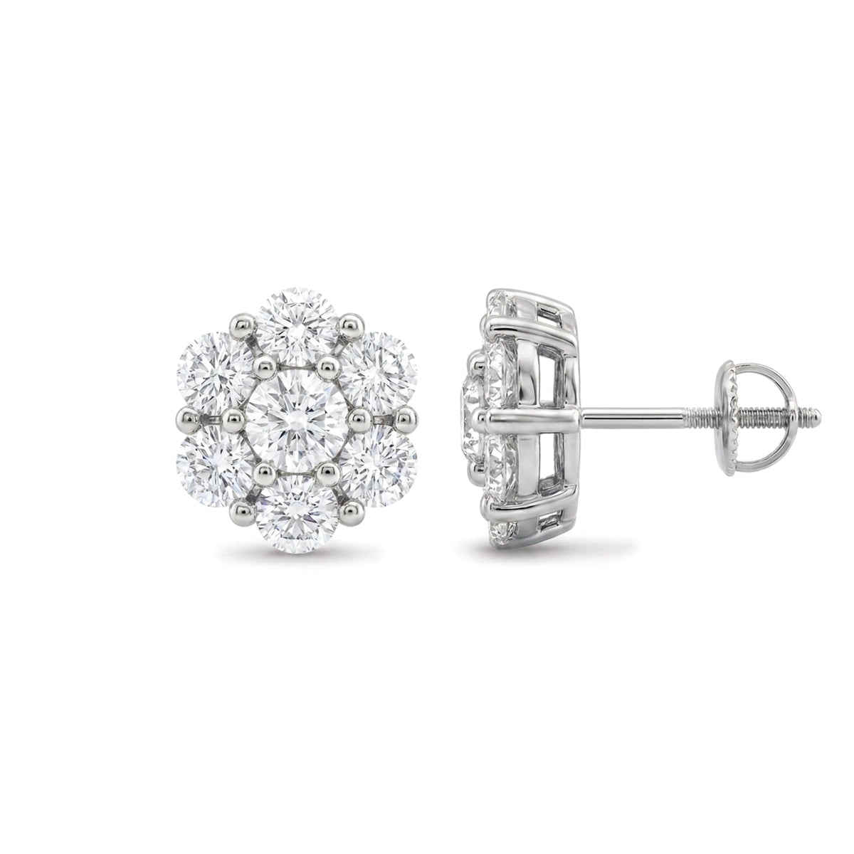 Round Diamond Flower Cluster Stud Earrings — round lab grown diamond earrings in solid hallmarked gold