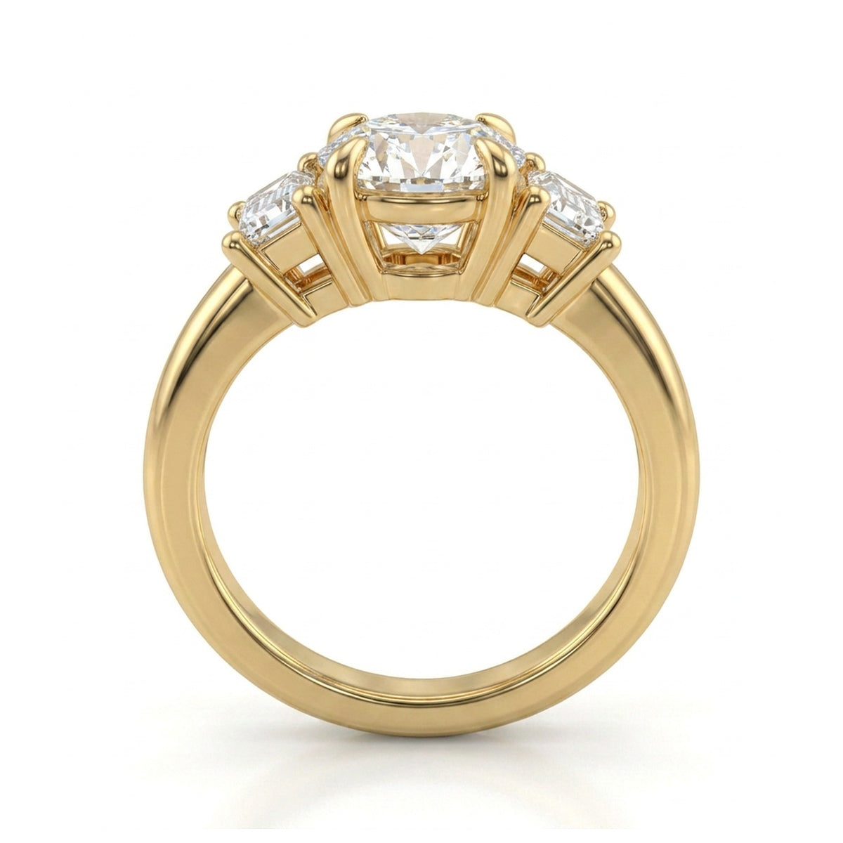 Round Brilliant Three-Stone Ring with Emerald-Cut Sides in IGI certified lab grown diamond and BIS hallmarked gold