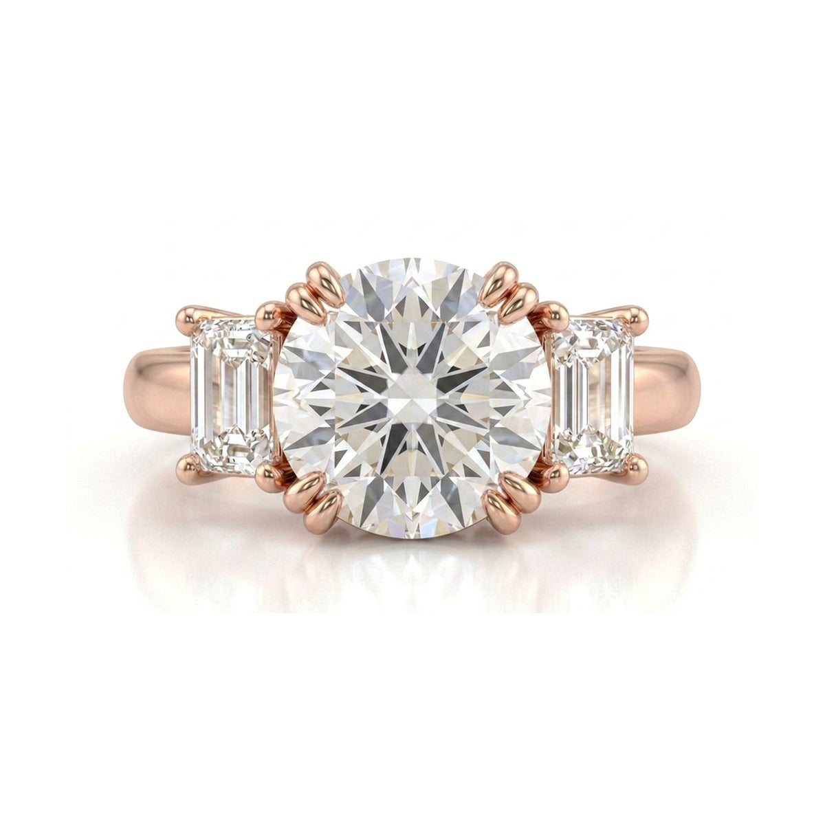Round Brilliant Three-Stone Ring with Emerald-Cut Sides — certified lab grown diamond ring from Vimora Diamonds