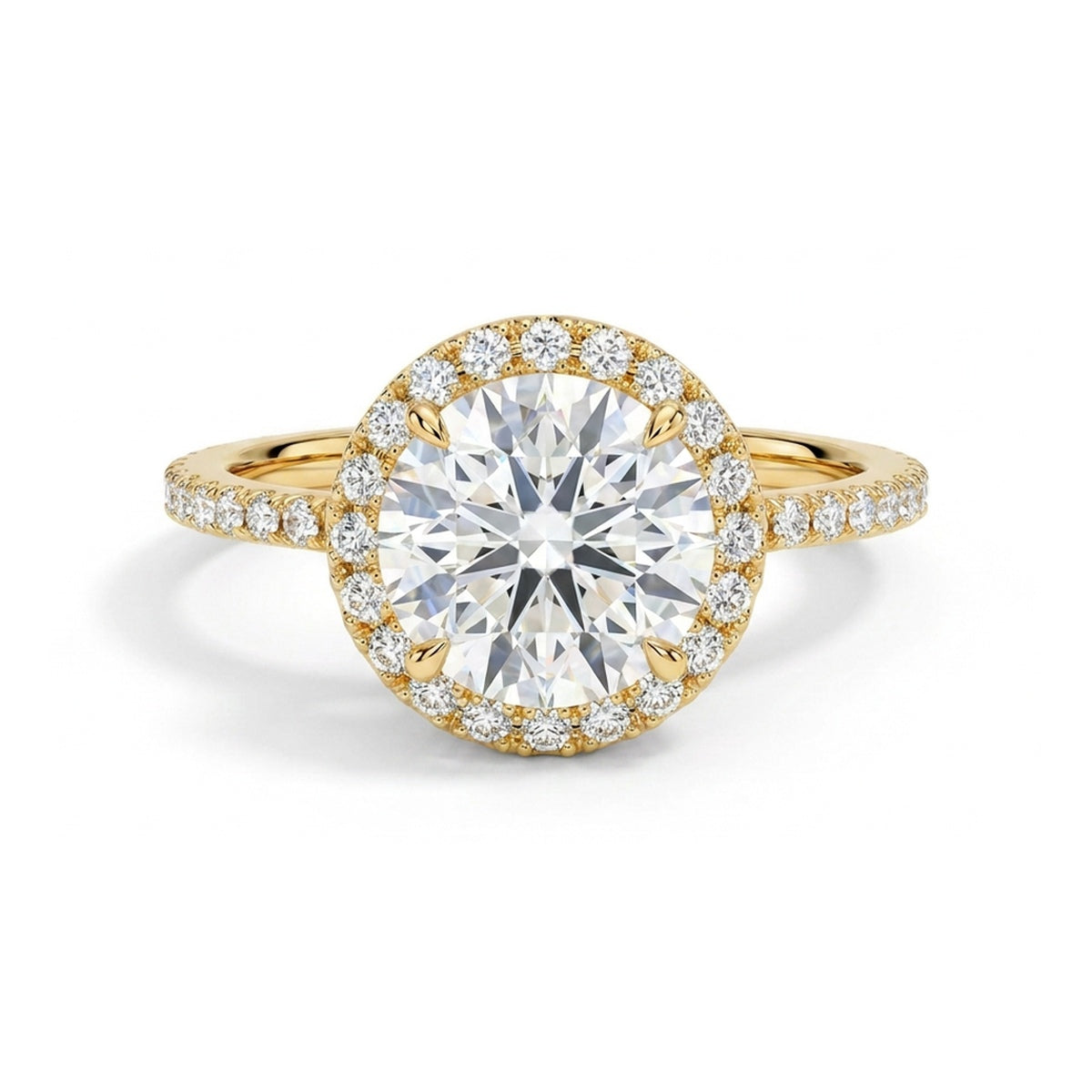 Round Brilliant Halo Ring with Pavé Band — round lab grown diamond ring by Vimora Diamonds