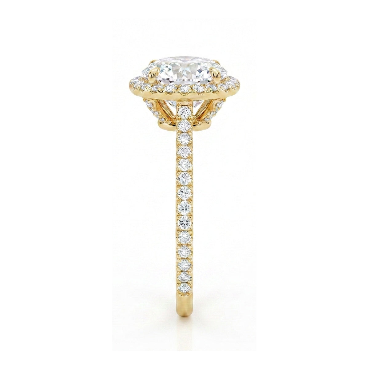 Round Brilliant Halo Ring with Pavé Band — round lab grown diamond ring in 9K, 14K or 18K gold