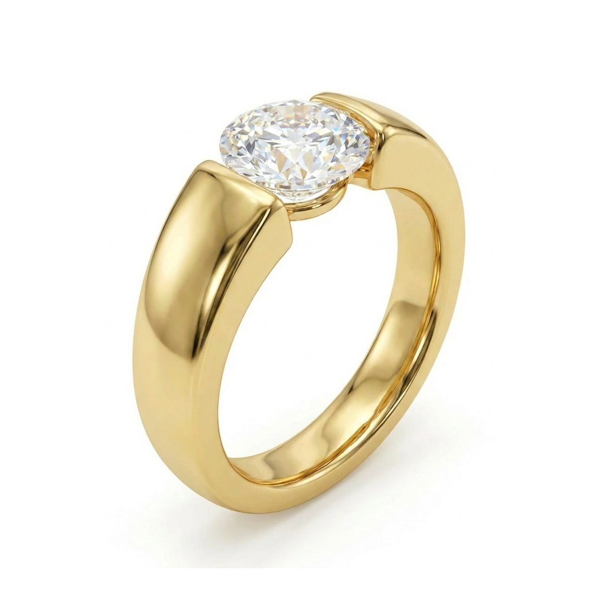 Semi-Tension Set Solitaire Ring on a Wide Band in IGI certified lab grown diamond and BIS hallmarked gold