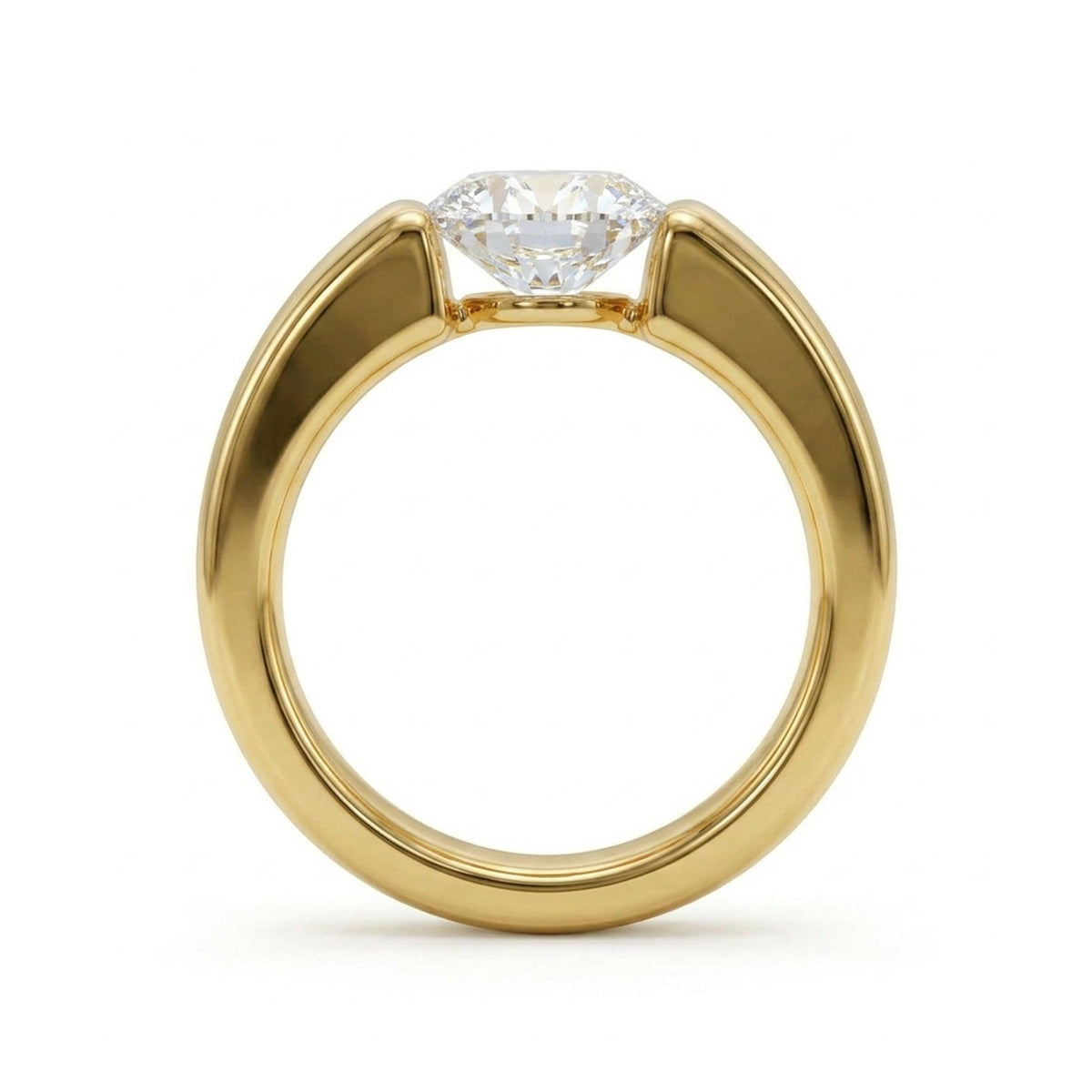 Semi-Tension Set Solitaire Ring on a Wide Band — round lab grown diamond ring in 9K, 14K or 18K gold