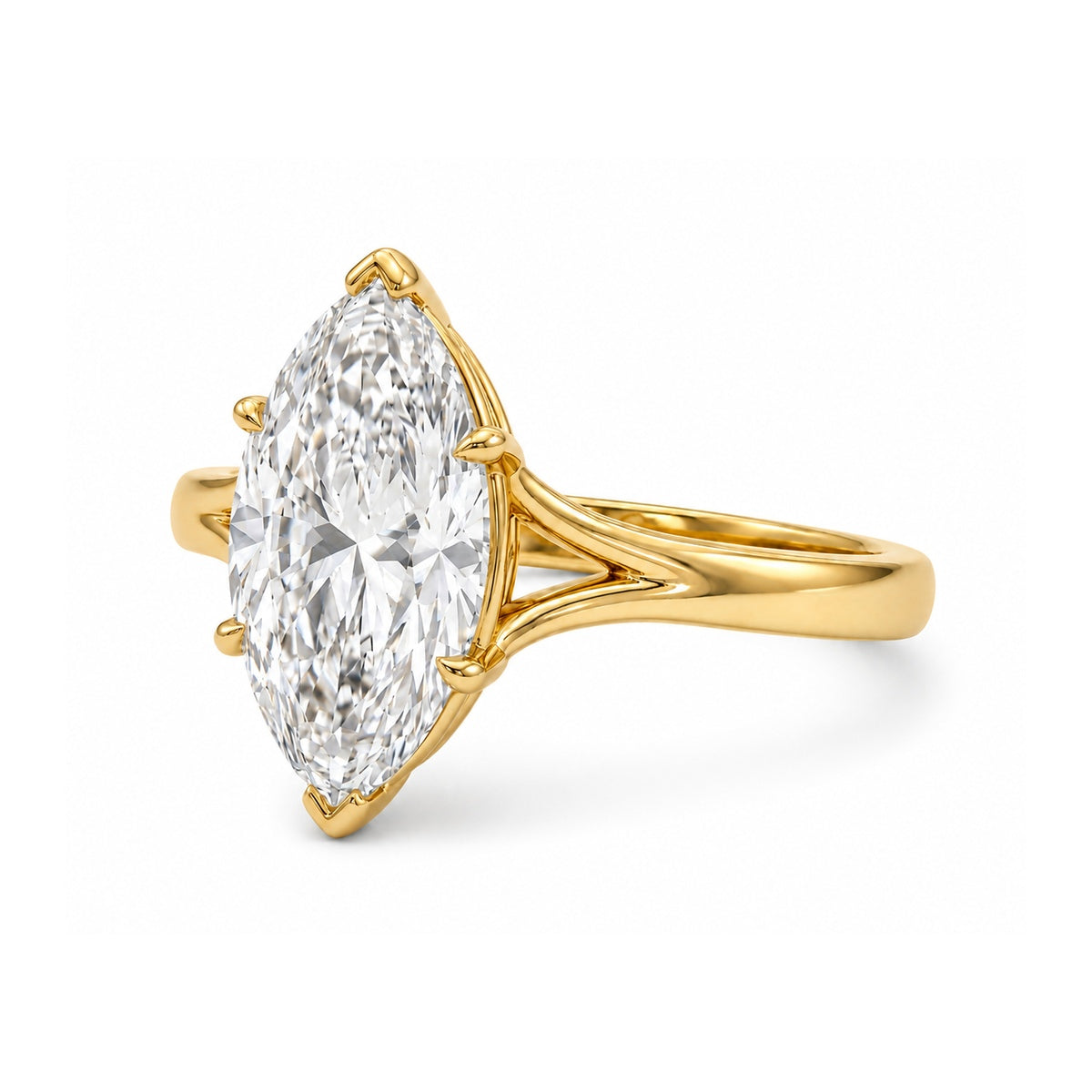 Marquise Split-Shank Cathedral Solitaire Ring in IGI certified lab grown diamond and BIS hallmarked gold