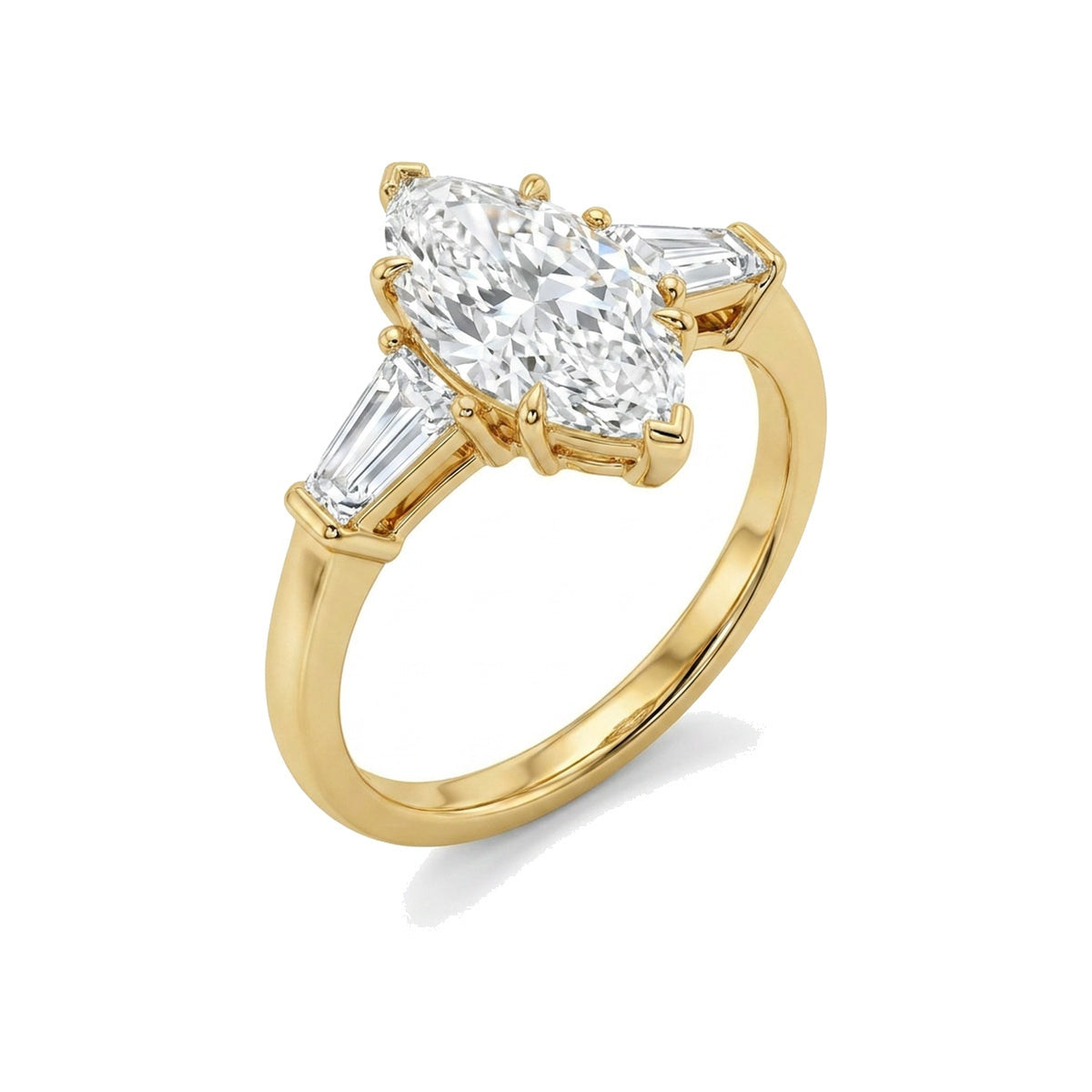Marquise Three-Stone Ring with Tapered Baguette Sides in IGI certified lab grown diamond and BIS hallmarked gold