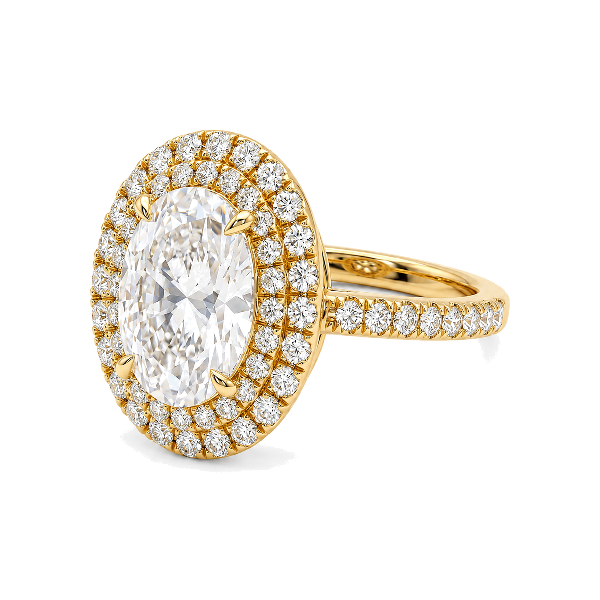 Oval Double Halo Ring with Pavé Band in IGI certified lab grown diamond and BIS hallmarked gold