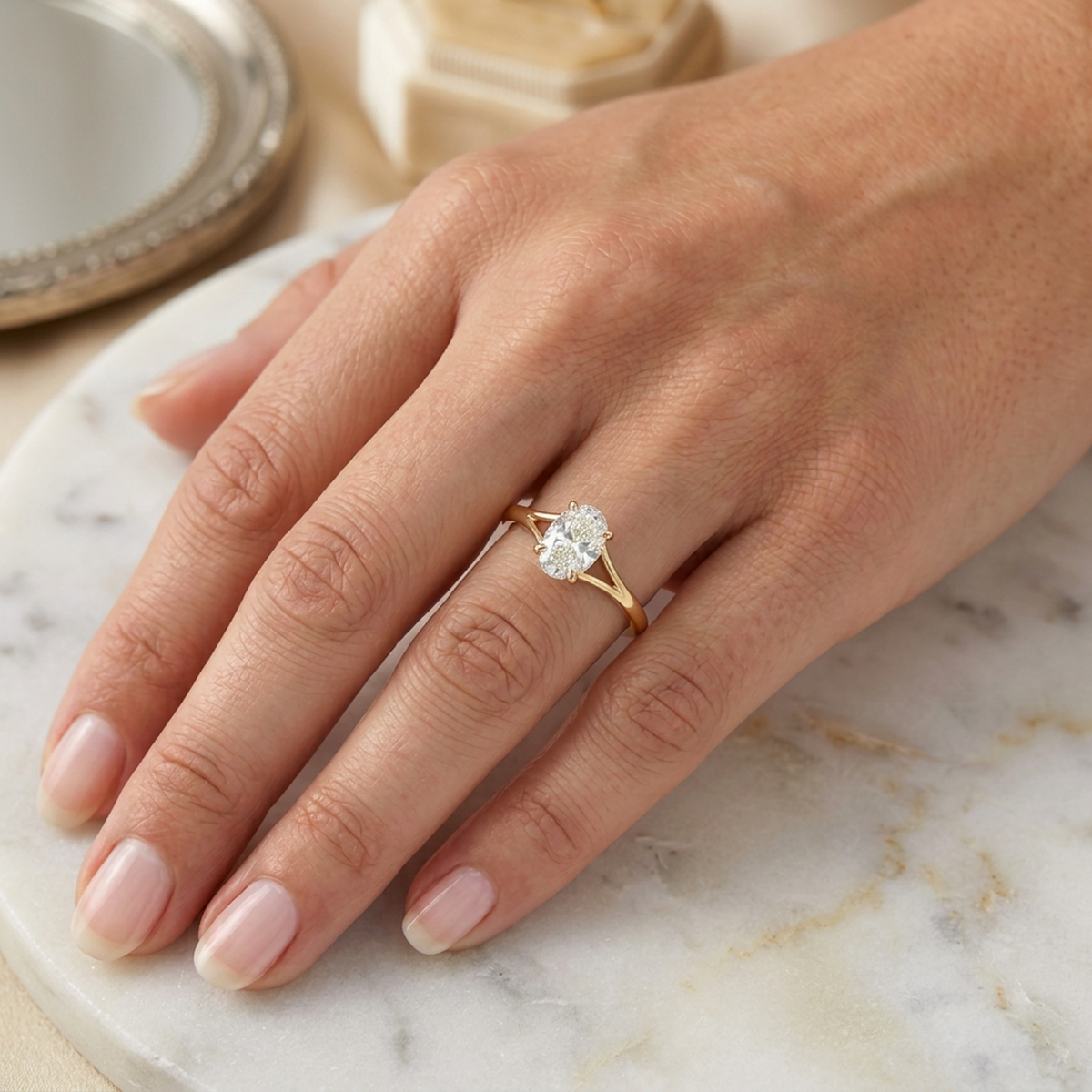 Oval Split-Shank Cathedral Solitaire Ring — lab grown diamond ring handcrafted by Vimora Diamonds