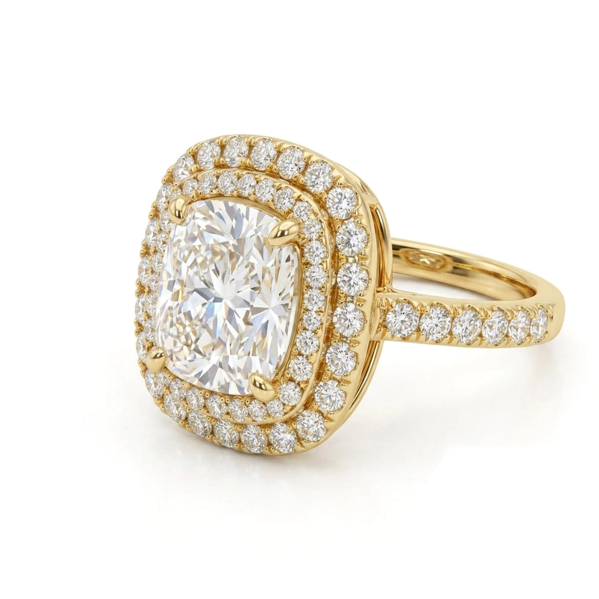 Cushion Double Halo Ring with Pavé Band in IGI certified lab grown diamond and BIS hallmarked gold