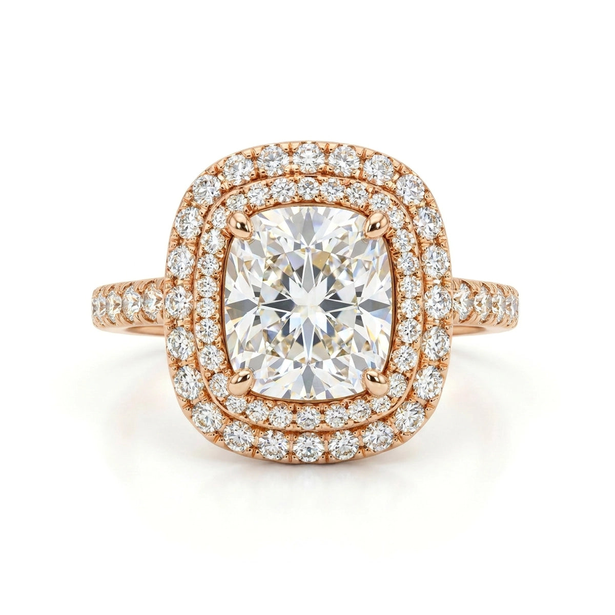 Cushion Double Halo Ring with Pavé Band — cushion lab grown diamond ring in 9K, 14K or 18K gold