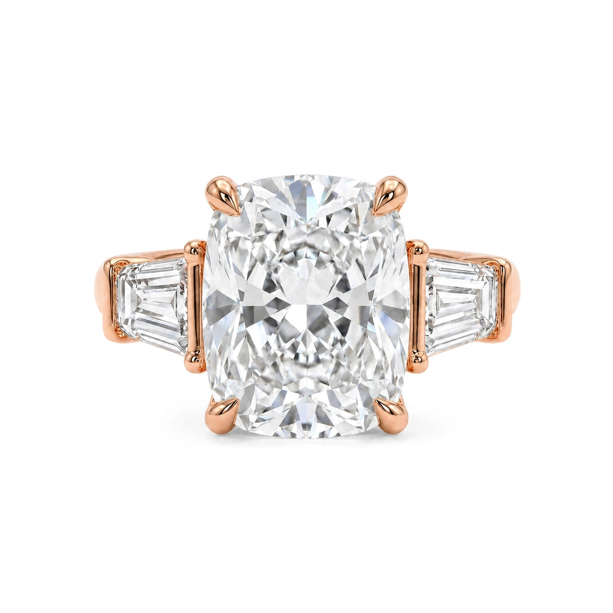 Cushion Three-Stone Ring with Trapezoid Sides — certified lab grown diamond ring from Vimora Diamonds
