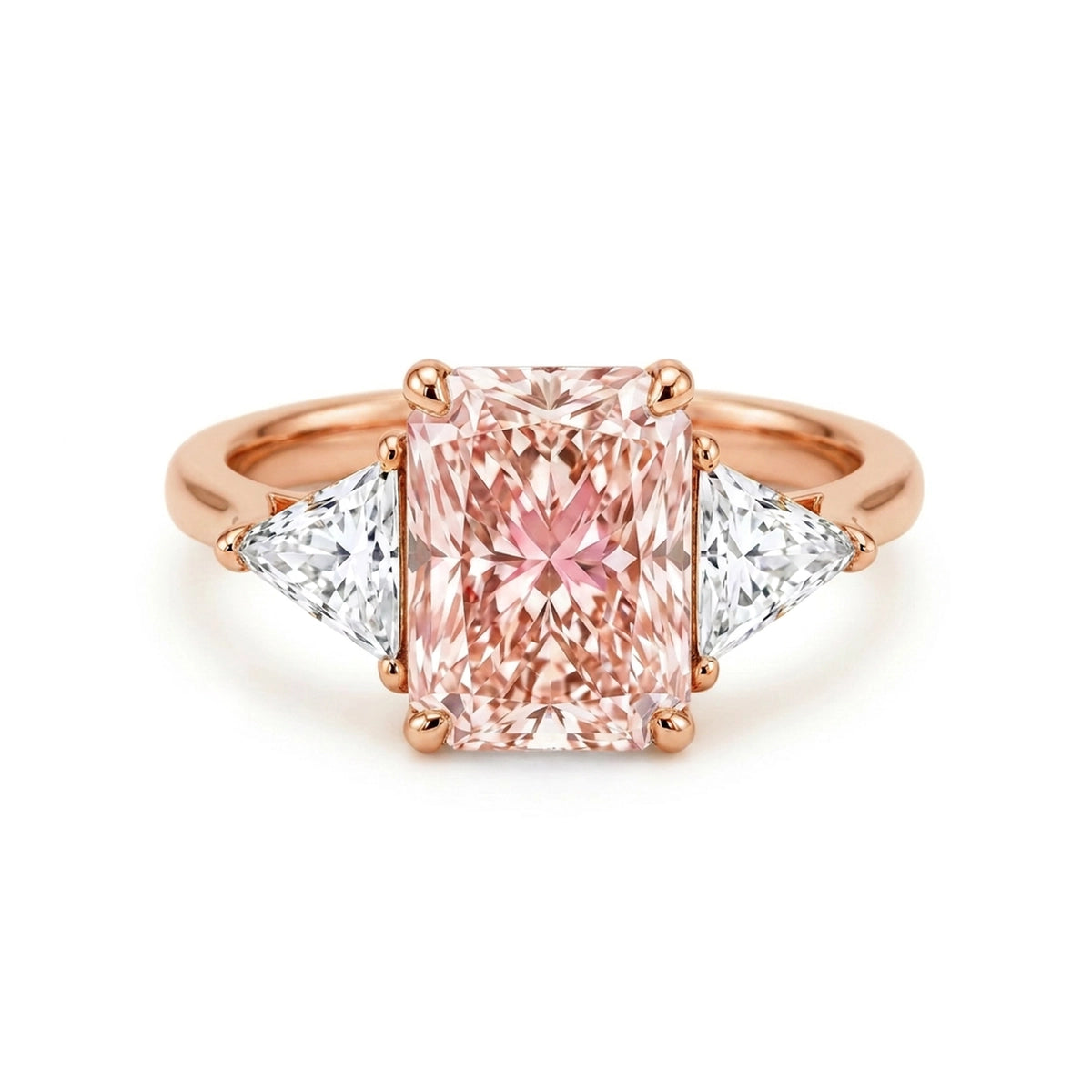 Radiant Fancy Vivid Pink Three-Stone Ring with Trilliant Sides — certified lab grown diamond ring from Vimora Diamonds
