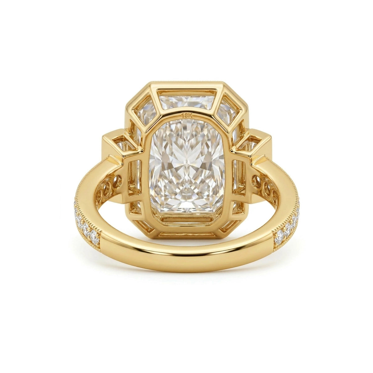 Radiant Art Deco Halo Ring with Baguette Sides — baguette and radiant lab grown diamond ring in 9K, 14K or 18K gold