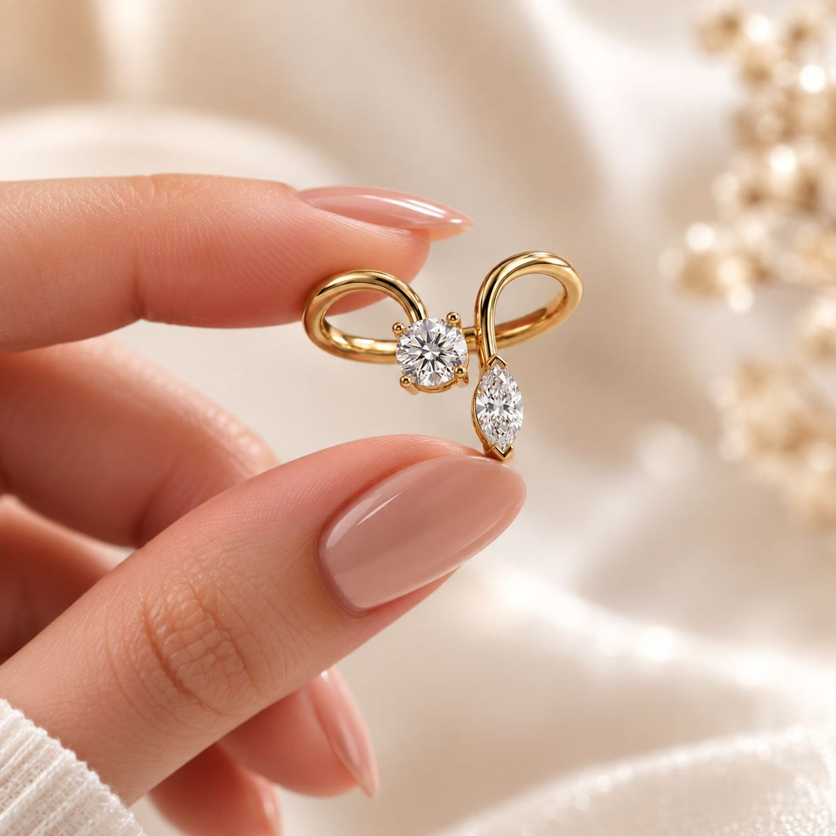 Round & Marquise Toi et Moi Ring — marquise and round lab grown diamond ring in solid hallmarked gold