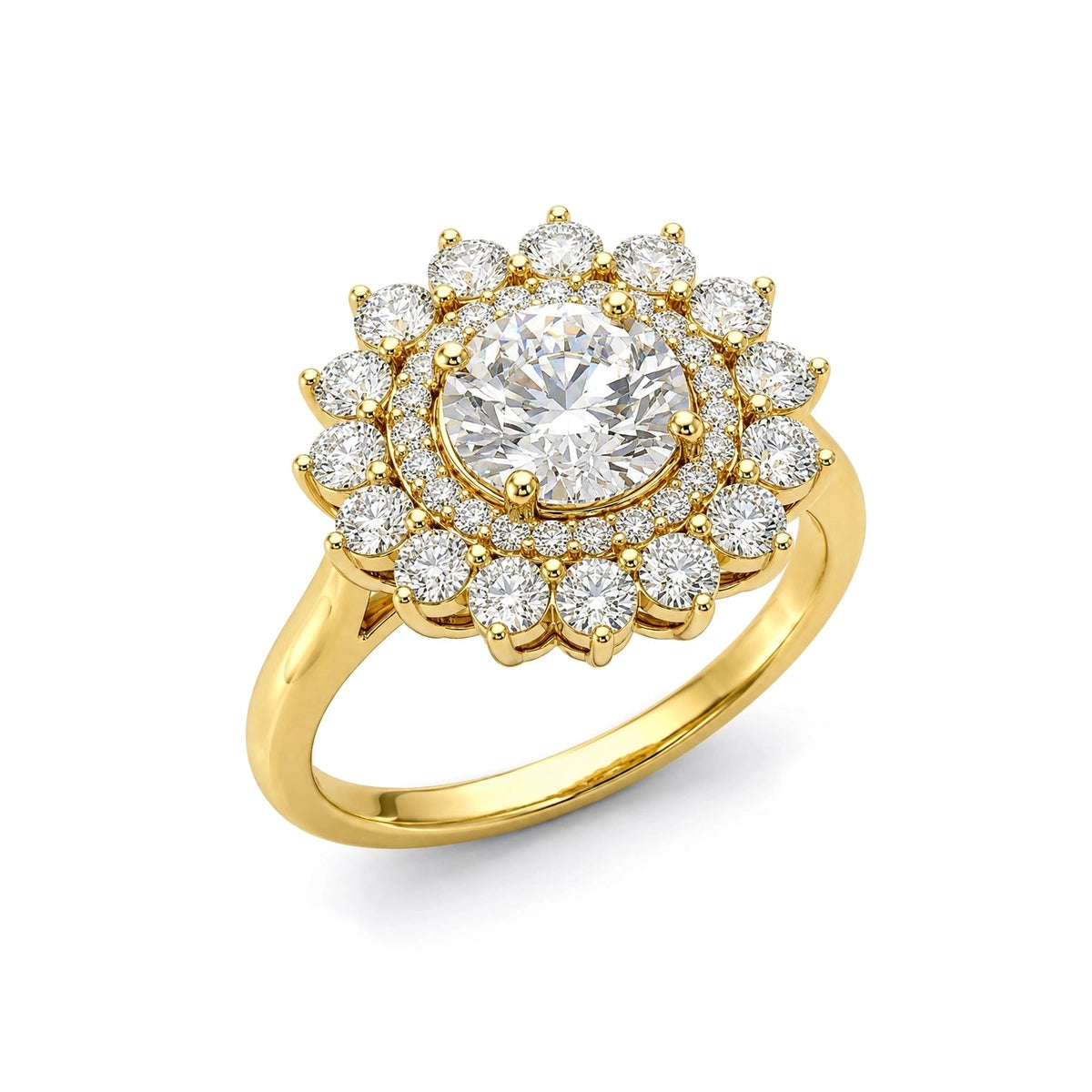 Floral Sunburst Double Halo Round Solitaire Ring in IGI certified lab grown diamond and BIS hallmarked gold