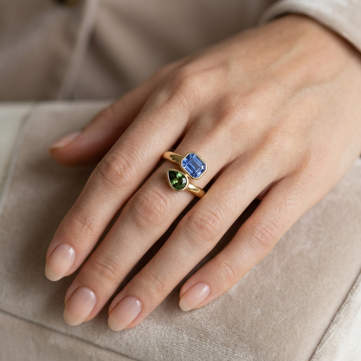 Emerald & Pear Toi et Moi Ring — lab grown diamond ring handcrafted by Vimora Diamonds