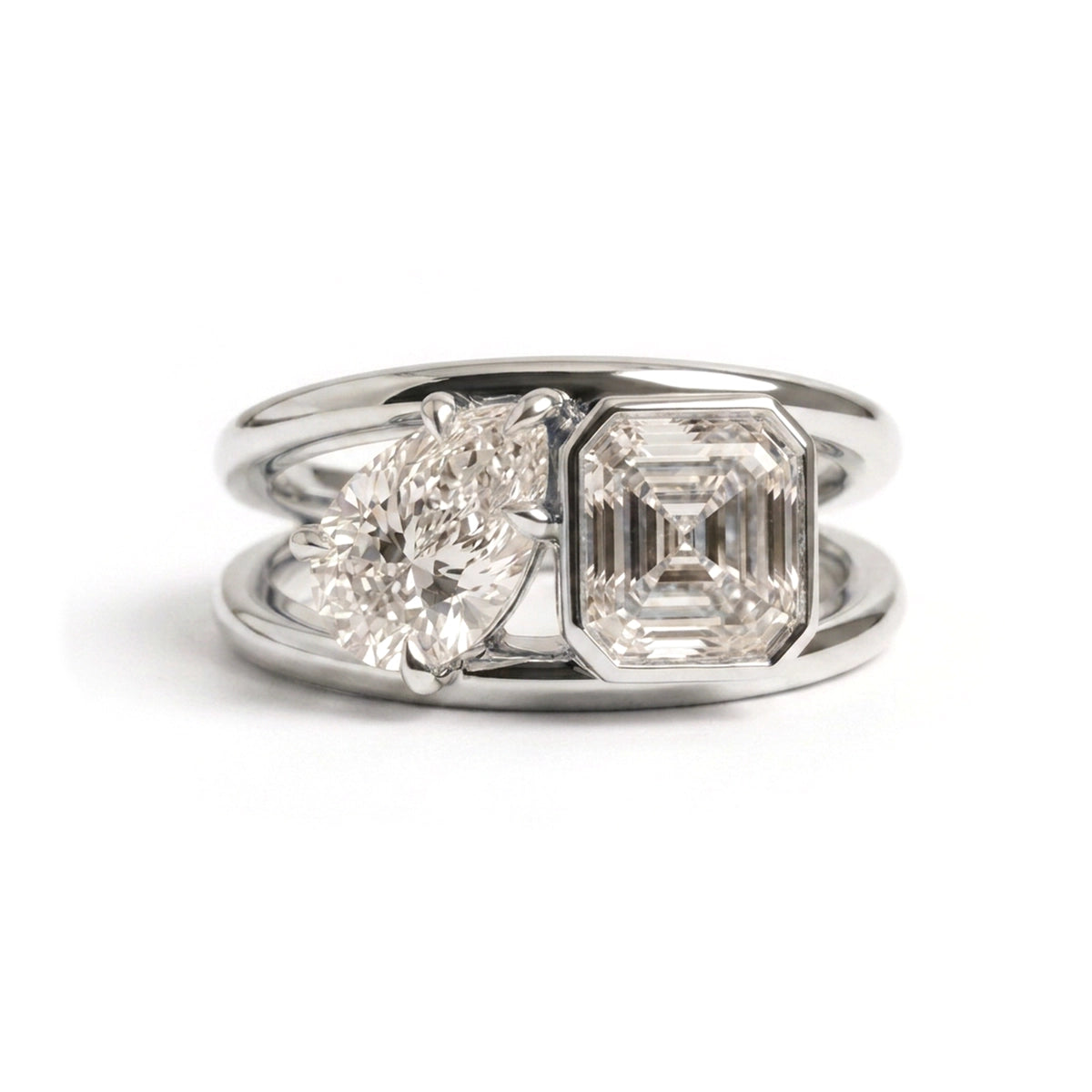 Asscher & Pear Split Shank Toi et Moi Ring — asscher and pear lab grown diamond ring in solid hallmarked gold