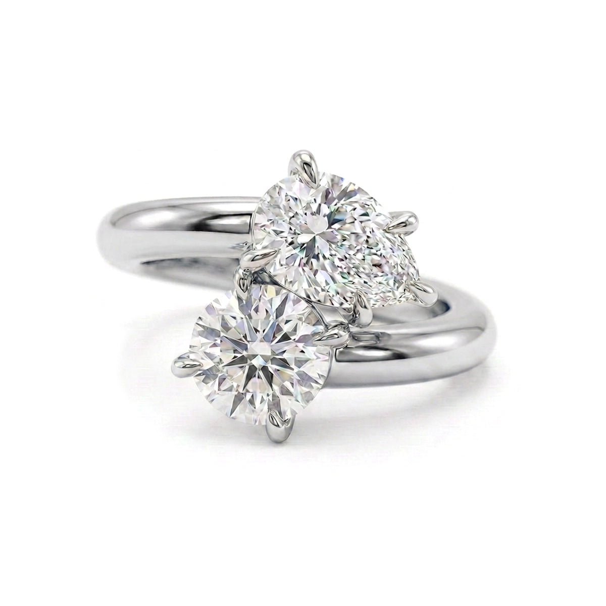 Round & Pear Bypass Toi et Moi Ring — pear and round lab grown diamond ring in solid hallmarked gold