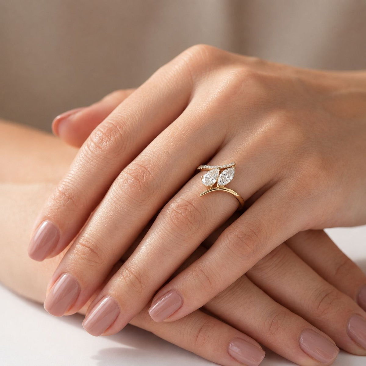 Marquise & Pear Pavé Bypass Toi et Moi Ring — marquise and pear lab grown diamond ring in solid hallmarked gold