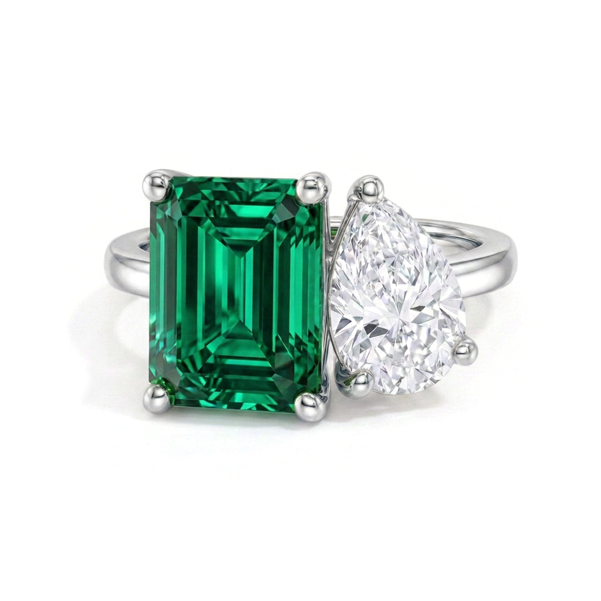 Fancy Vivid Green Emerald & Pear Toi et Moi Ring — emerald and pear lab grown diamond ring in solid hallmarked gold