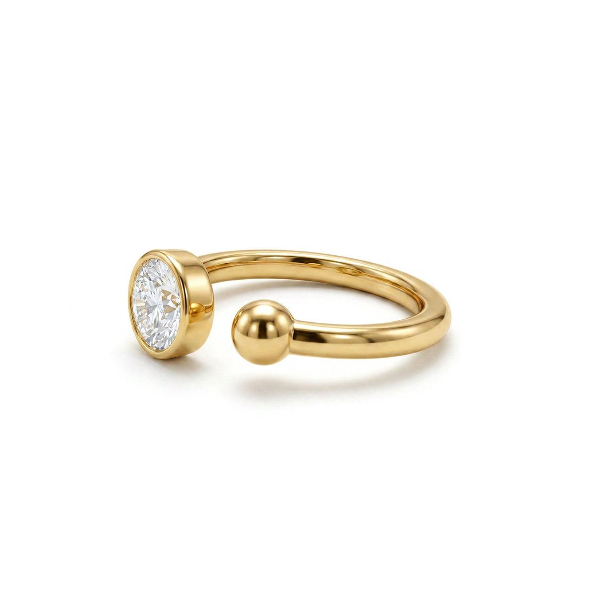 Open Bezel Solitaire Ring with Gold Sphere — round lab grown diamond ring in 9K, 14K or 18K gold