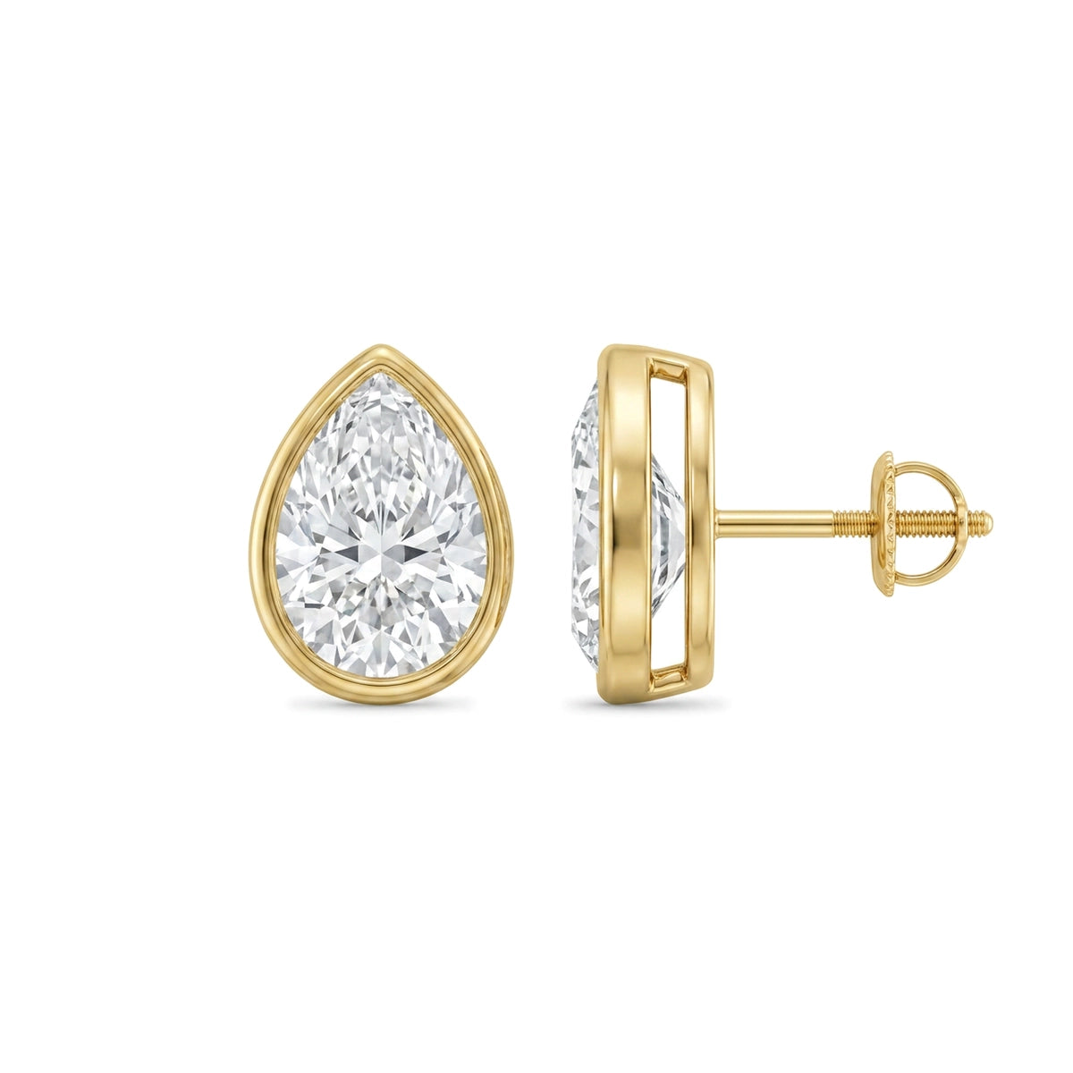 Pear Cut Bezel Set Stud Earrings in IGI certified lab grown diamond and BIS hallmarked gold