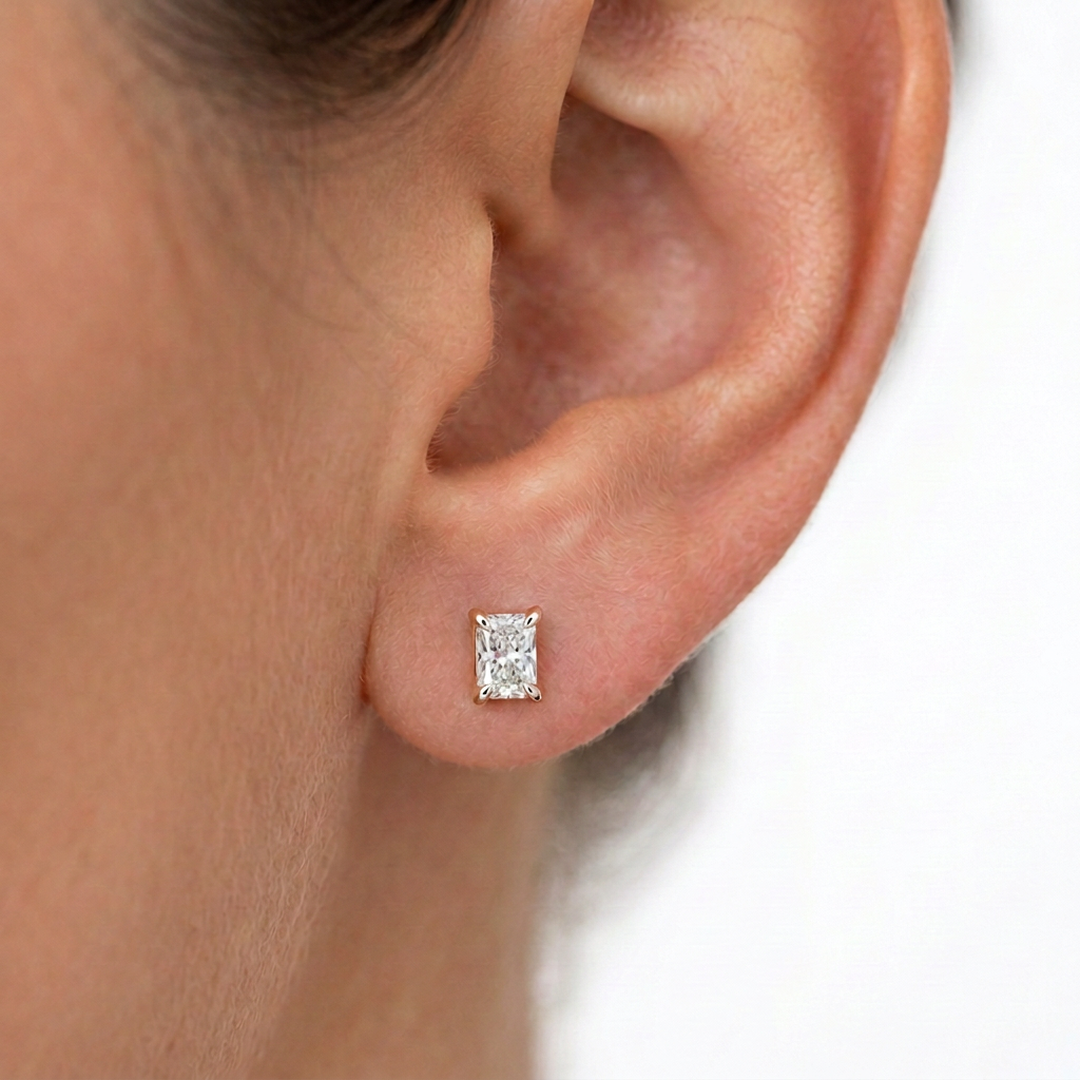 Radiant Cut Stud Earrings, Claw Set — lab grown diamond earrings handcrafted by Vimora Diamonds