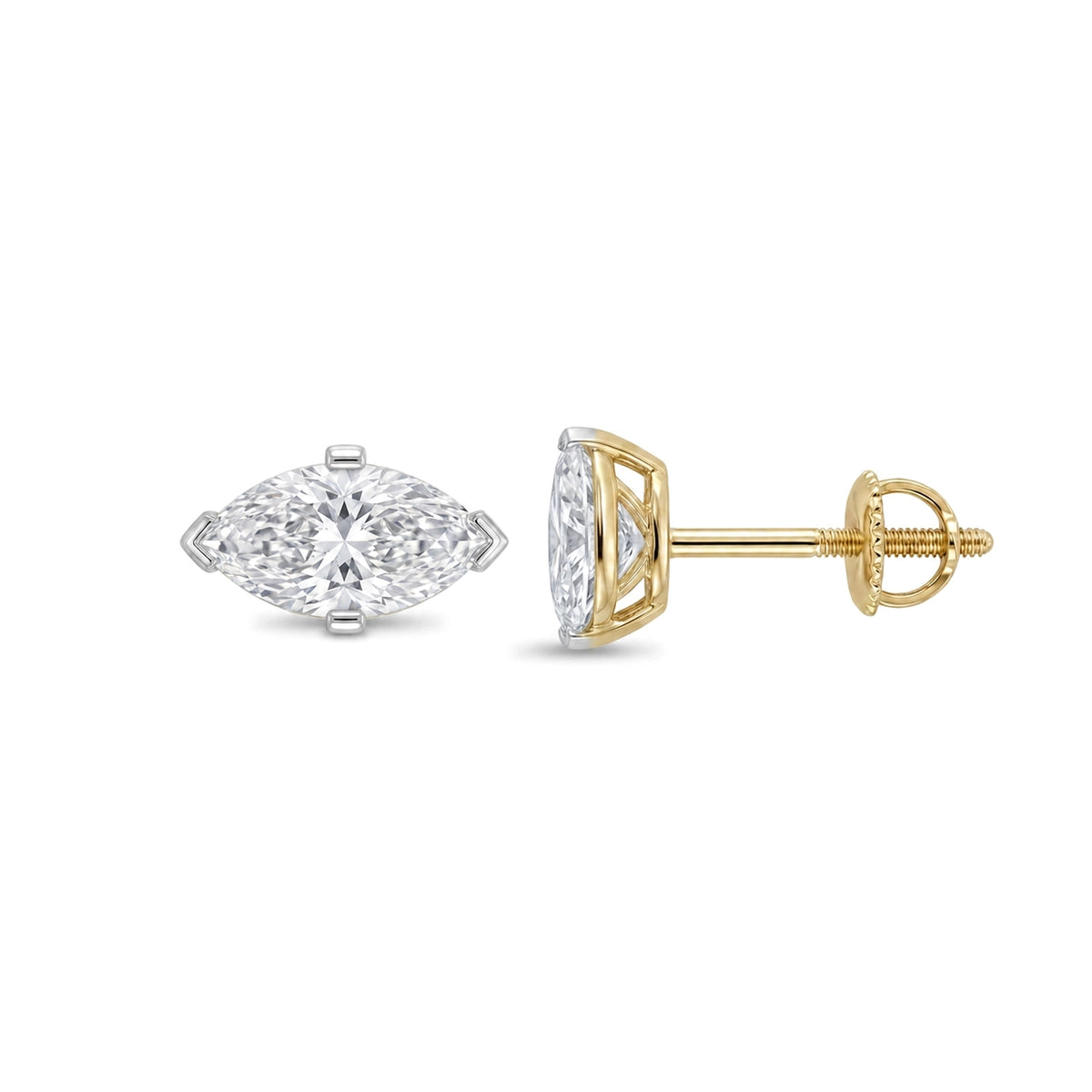 Marquise Cut East-West Stud Earrings in IGI certified lab grown diamond and BIS hallmarked gold