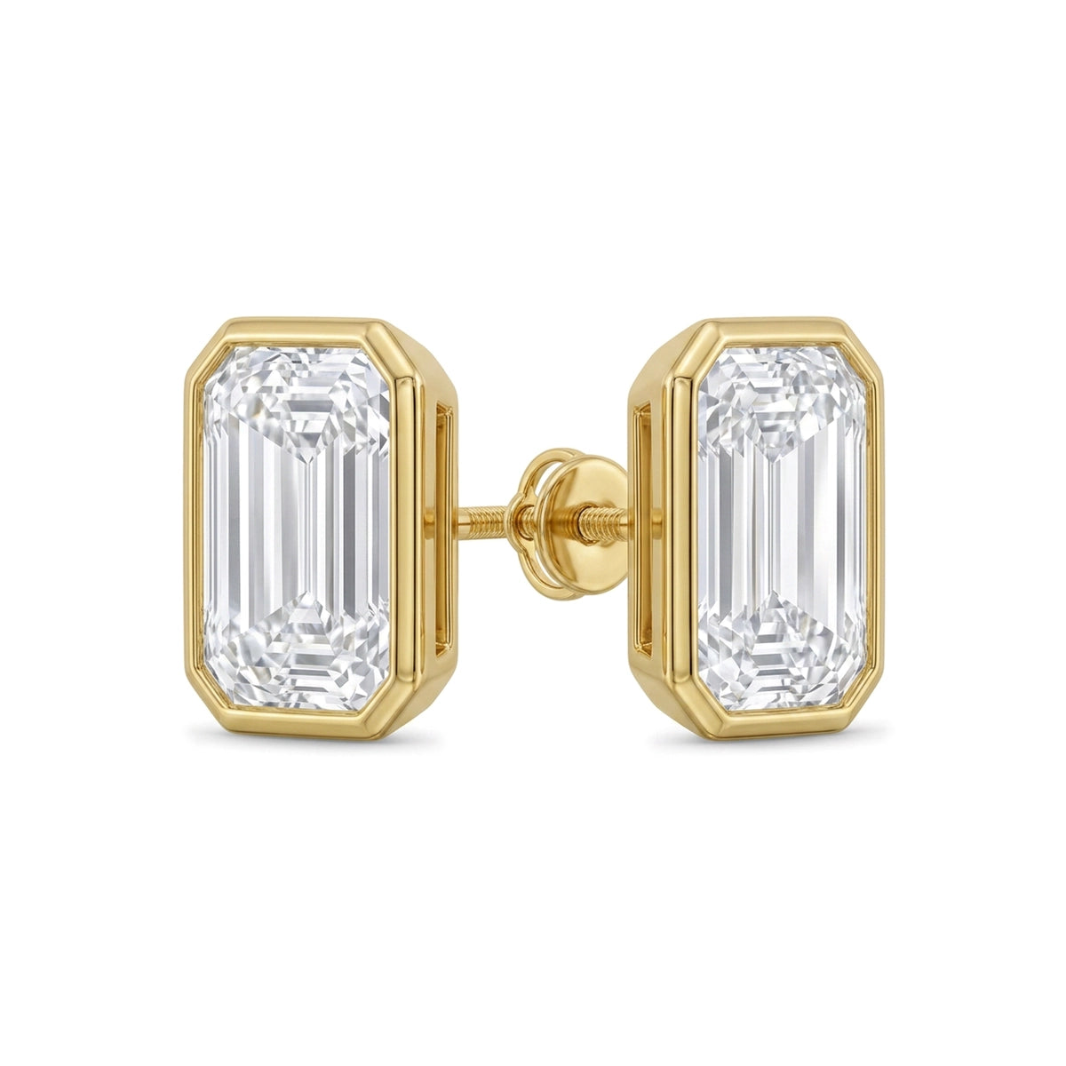 Emerald Cut Bezel Set Stud Earrings in IGI certified lab grown diamond and BIS hallmarked gold