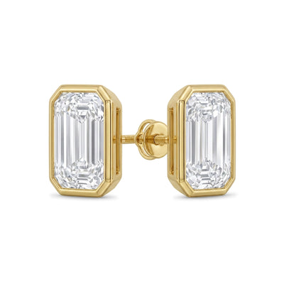 Emerald Cut Bezel Set Stud Earrings in IGI certified lab grown diamond and BIS hallmarked gold