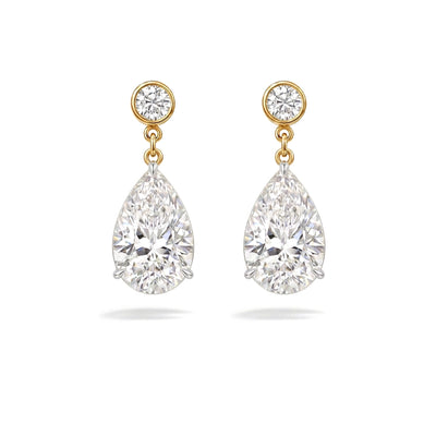 Pear Drop Dangle Earrings, Bezel Top — pear and round lab grown diamond earrings by Vimora Diamonds