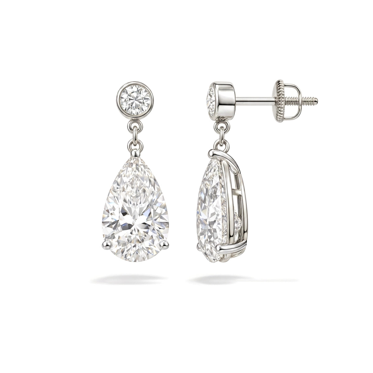 Pear Drop Dangle Earrings, Bezel Top — pear and round lab grown diamond earrings in solid hallmarked gold