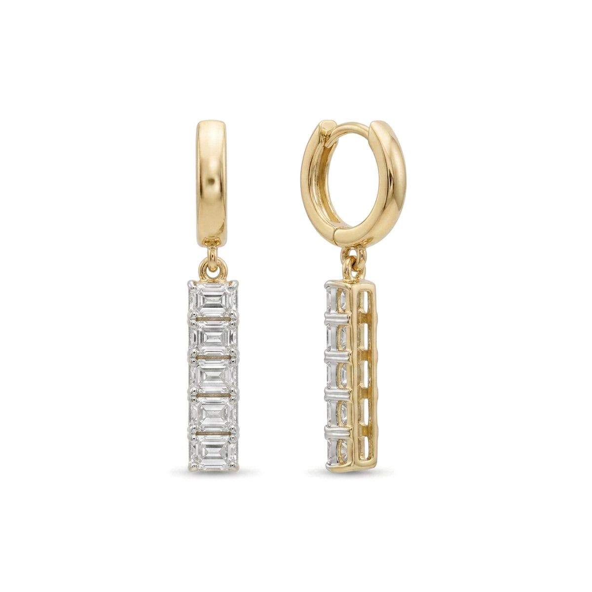 Emerald Cut Diamond Bar Huggie Earrings — emerald lab grown diamond earrings in 9K, 14K or 18K gold