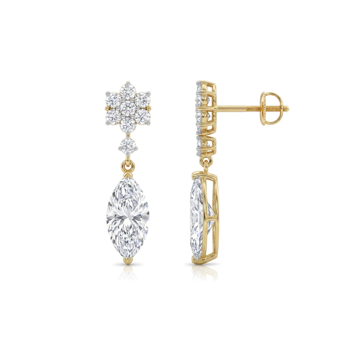 Floral Cluster Marquise Drop Earrings — marquise and round lab grown diamond earrings in 9K, 14K or 18K gold