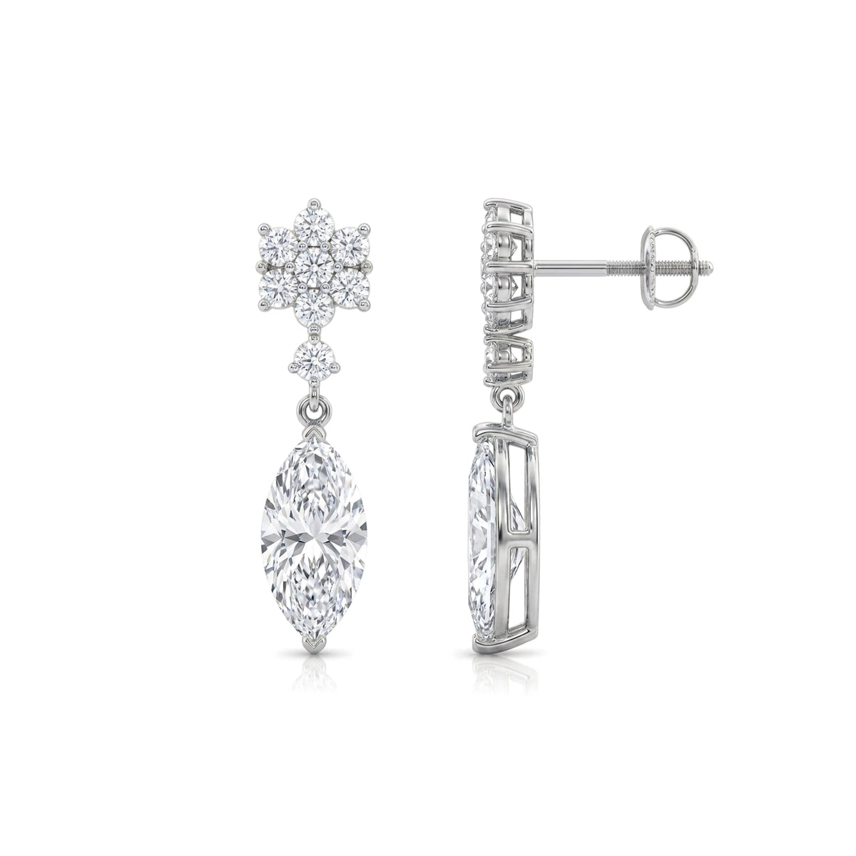 Floral Cluster Marquise Drop Earrings — marquise and round lab grown diamond earrings in solid hallmarked gold