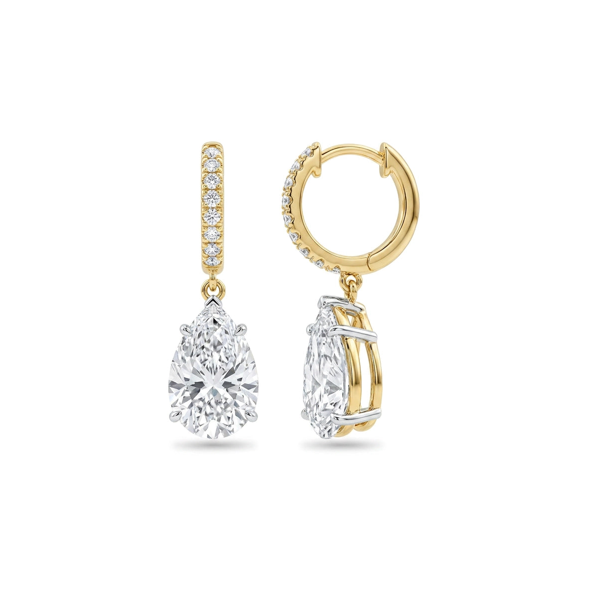 Pear Drop Pave Huggie Earrings — pear and round lab grown diamond earrings in 9K, 14K or 18K gold